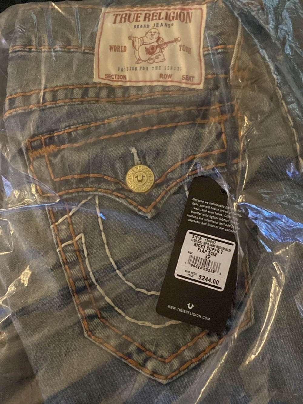 True Religion Men’s Light Blue Denim Slim Jeans with Contrast Stitching